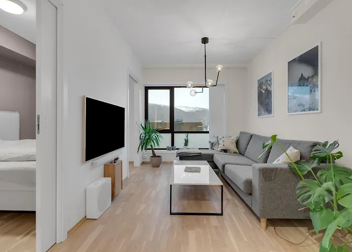 Moderne Sentral Toppleilighet Med Utsikt Til Fjellheisen Og Tromsdalstind 트롬쇠